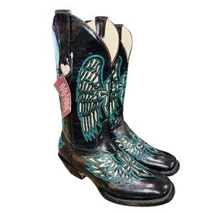 NWT Spur Trail Black Wing Cross Turquoise Embroidered Cowboy Western Boots 8.5